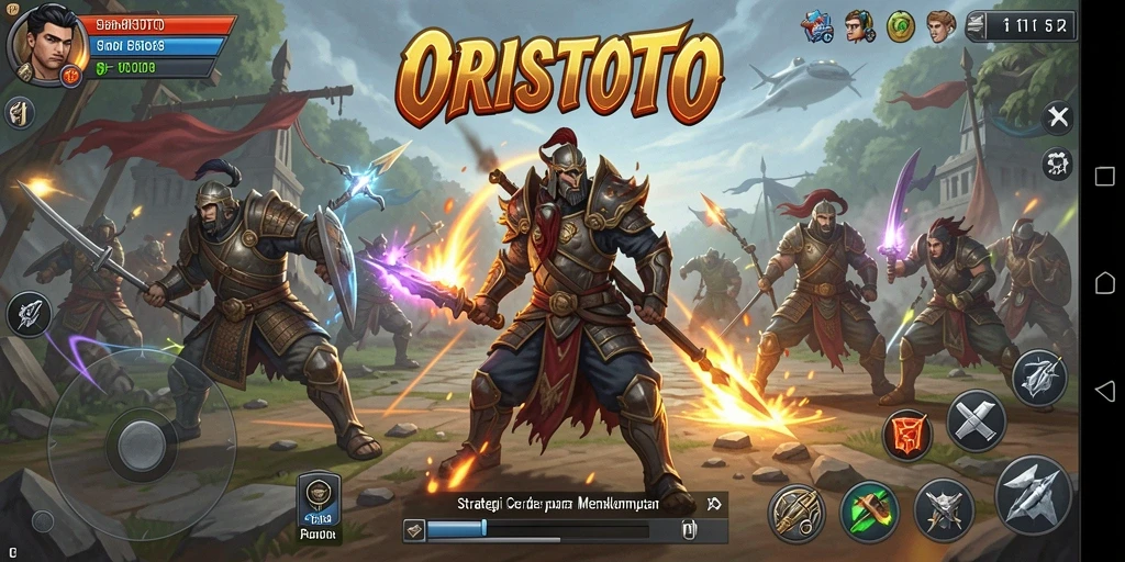 Tangkapan layar utama gameplay strategis ORISTOTO menunjukkan pertempuran intens.